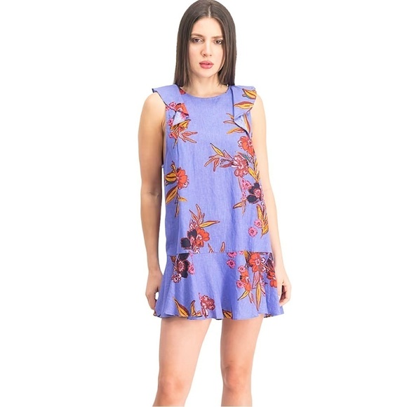 FREE People Women’s Tulum Linen Floral Print Mini Dress Tunic Size XS Blue - Picture 1 of 10